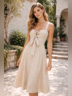 Mara Hoffman Lace Up Midi Dress Size 8 Beige Hemp Designer